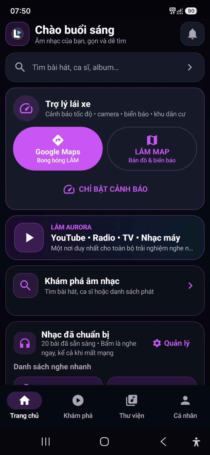 Màn hình chính LÂM MUSIC với thư viện nhạc, khám phá và các nút Lâm Map, Google Maps