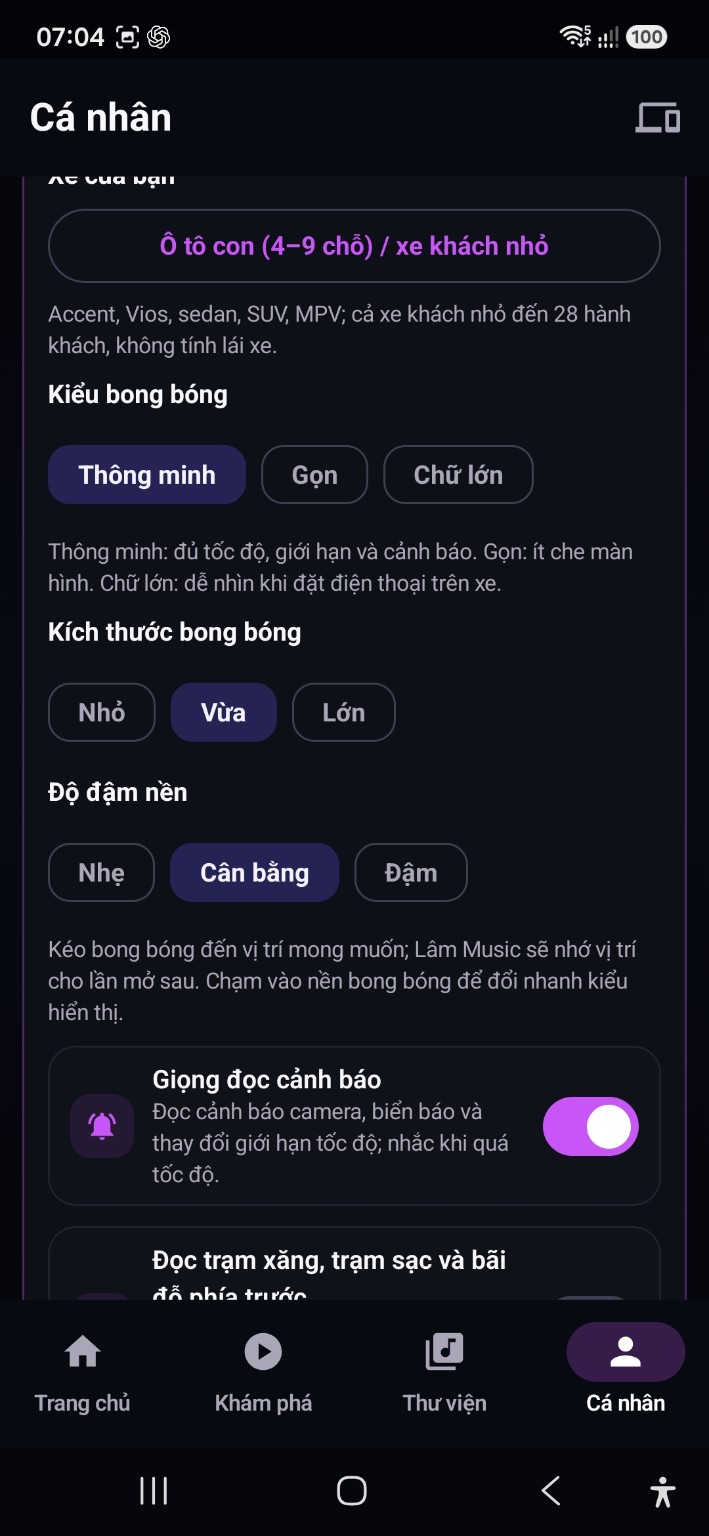 Phần tùy chỉnh bong bóng cảnh báo trong LÂM MUSIC với cỡ hiển thị và giọng đọc